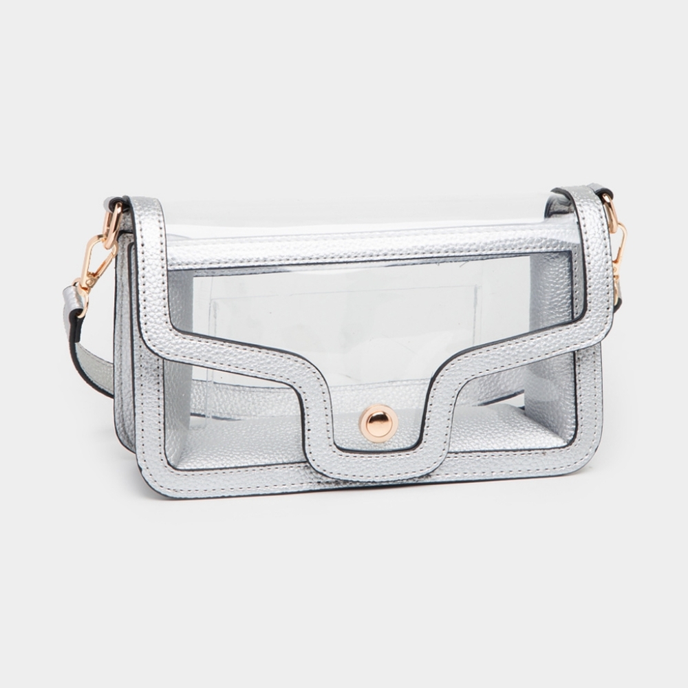 Silver Transparent Clear Rectangle Bag Purse Shoulder Leather Casual See Through